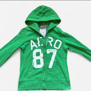 Aeropostale AERO 87 PHYS ED Hoodie Sweatshirt Womens Medium Green & White
